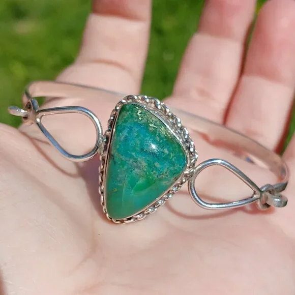 Vintage Sterling Silver & Chrysocolla Stone Hook Clasp Reygo 925 Mexico Bangle - Picture 3 of 13